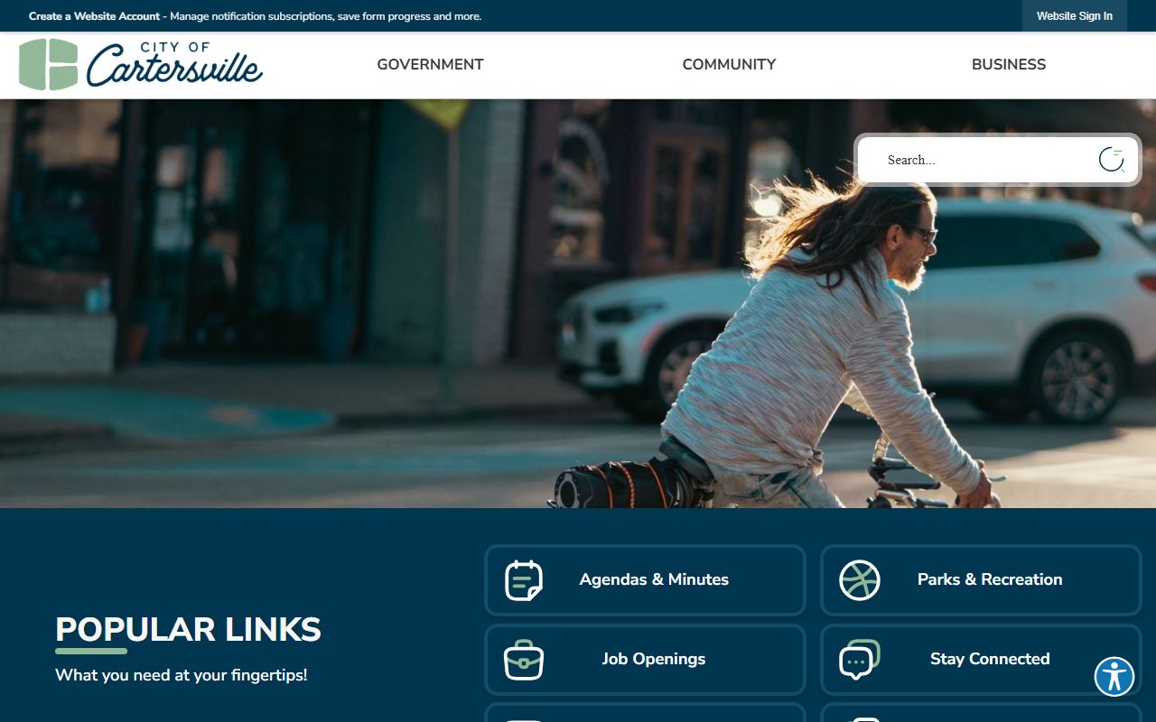 Cartersville city portal homepage showing local government resources in Bartow County