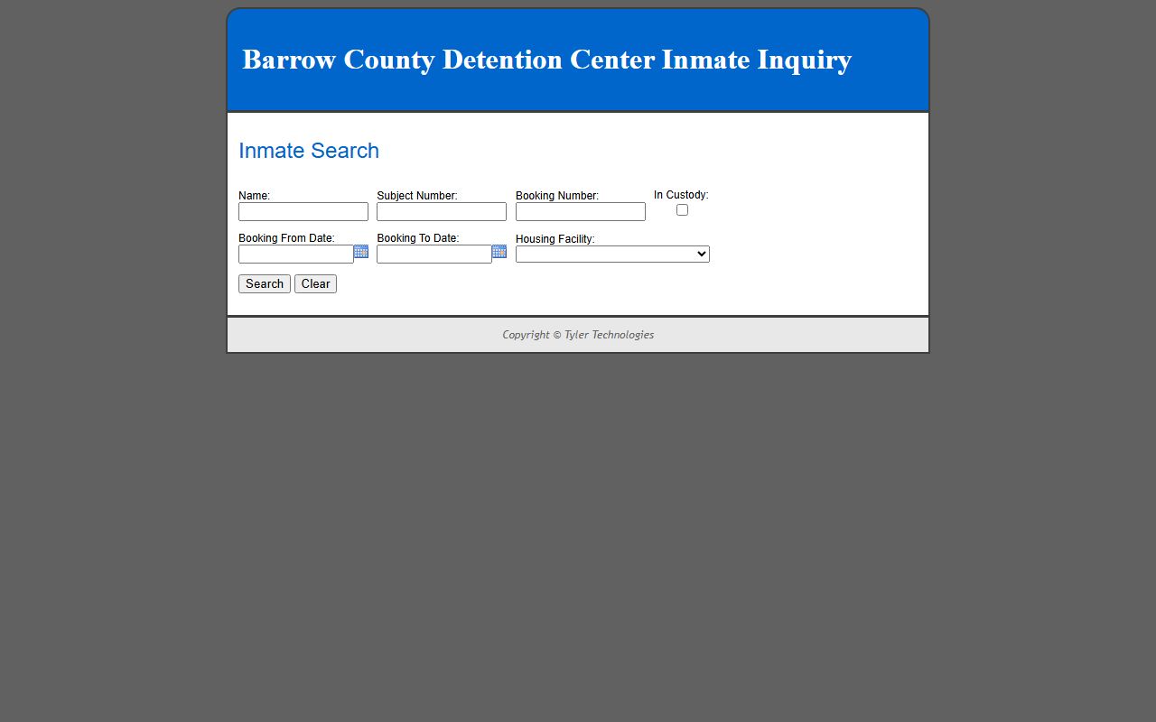 Barrow County Sheriff inmate inquiry system showing search options for current and recent jail bookings in Winder, Georgia
