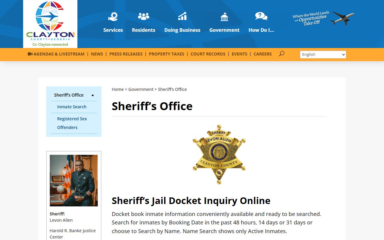 Clayton County Sheriff's Office government page with links to inmate search and arrest record resources