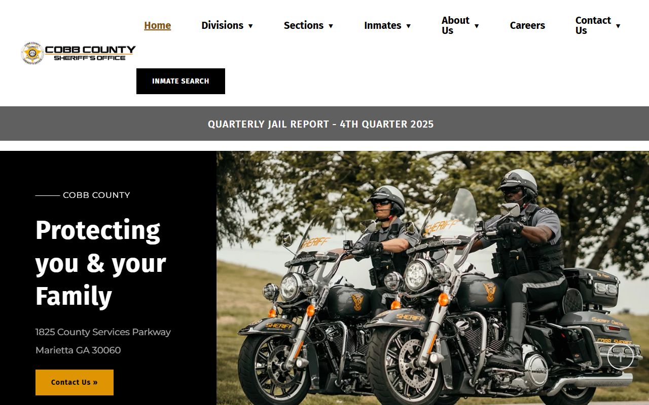 Cobb County Sheriff's Office homepage with links to inmate search and Cobb County arrest records