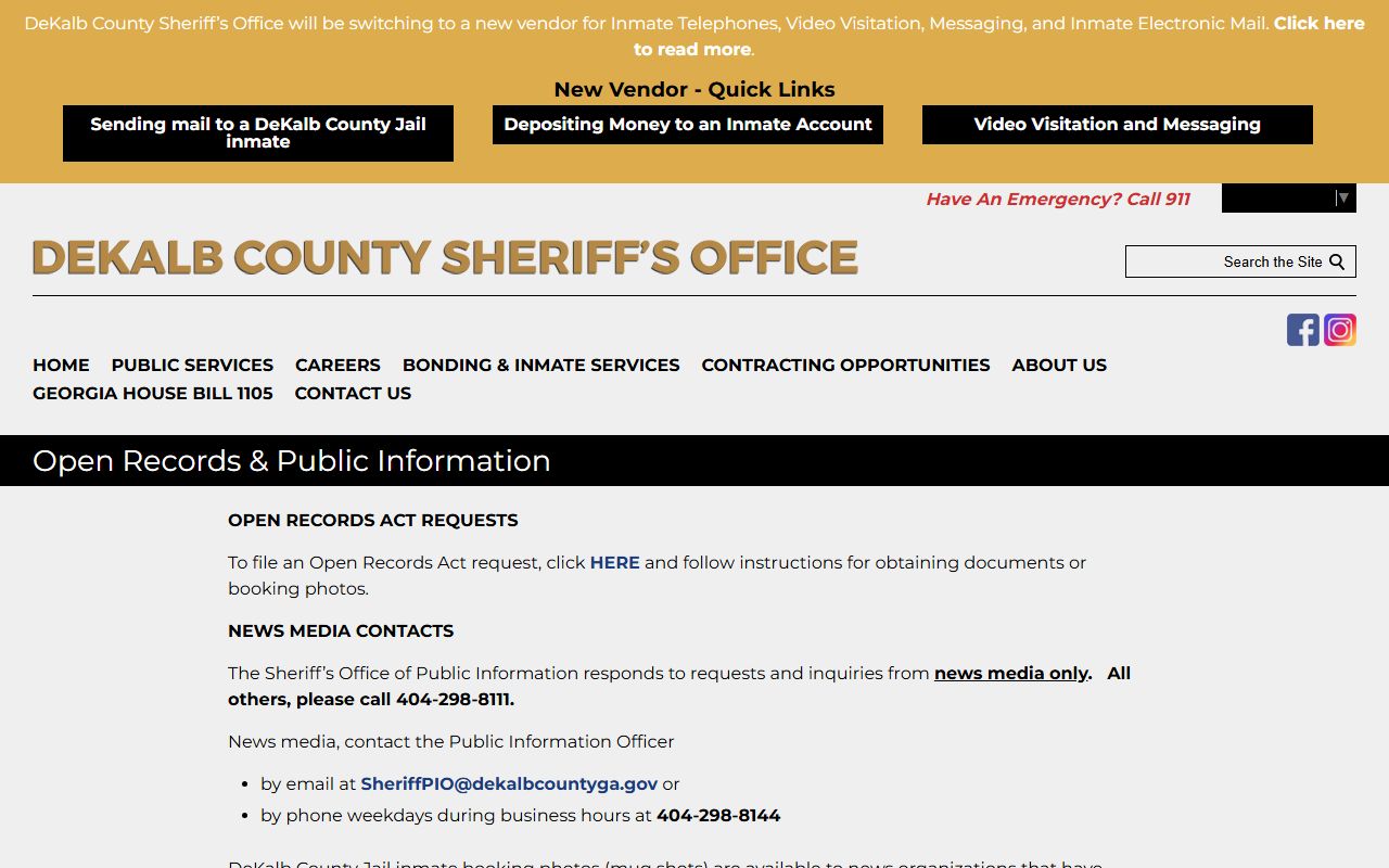 DeKalb County Sheriff open records page showing booking photo request policy for busted mugshots