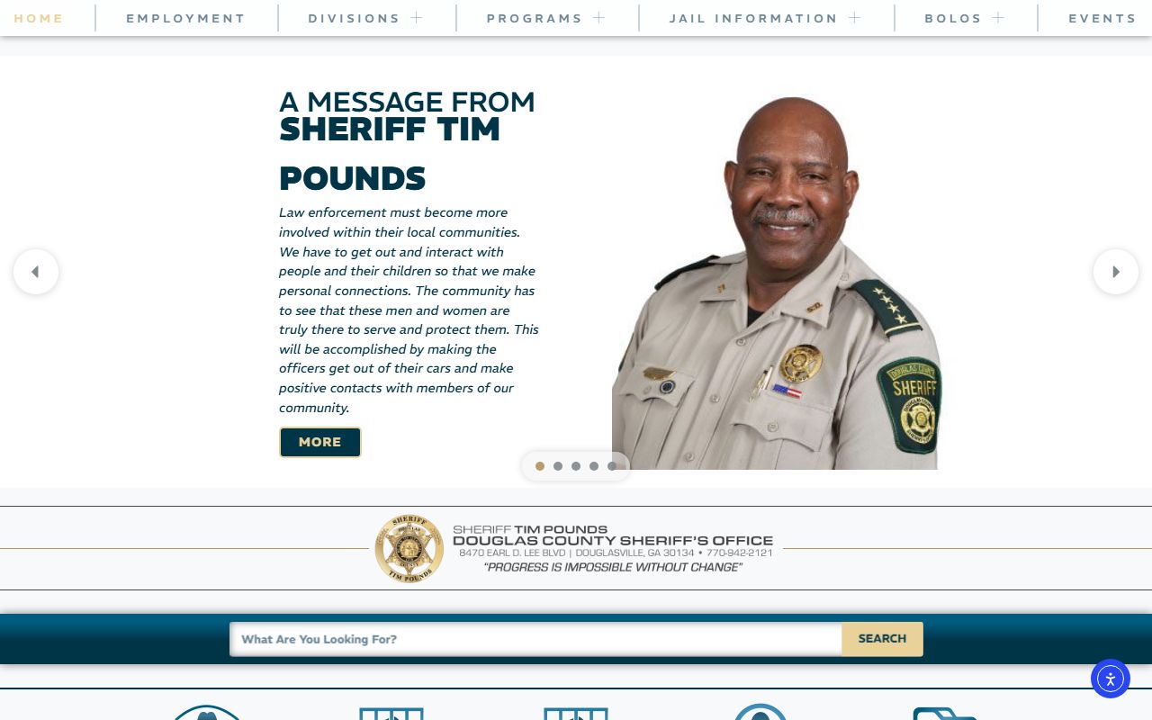 Douglas County Sheriff's Office homepage with links to inmate reports, booking records, and public services in Douglasville, Georgia