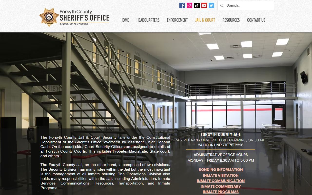 Forsyth County Sheriff's Office jail page showing inmate search and bonding information for Cumming, GA
