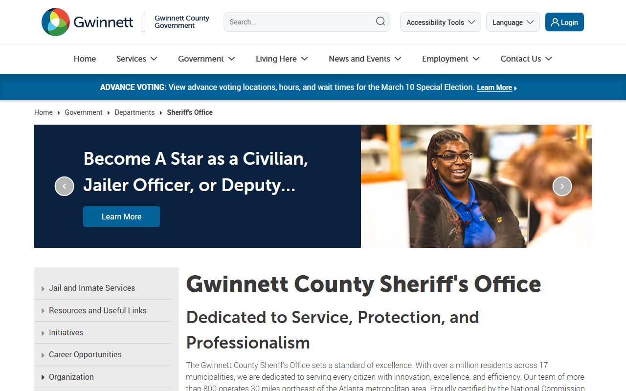 Gwinnett County Sheriff's Office homepage with inmate search and arrest records access