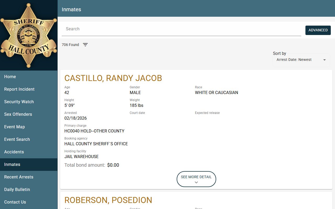 Hall County Sheriff inmate search showing booking records and arrest data updated every 15 minutes