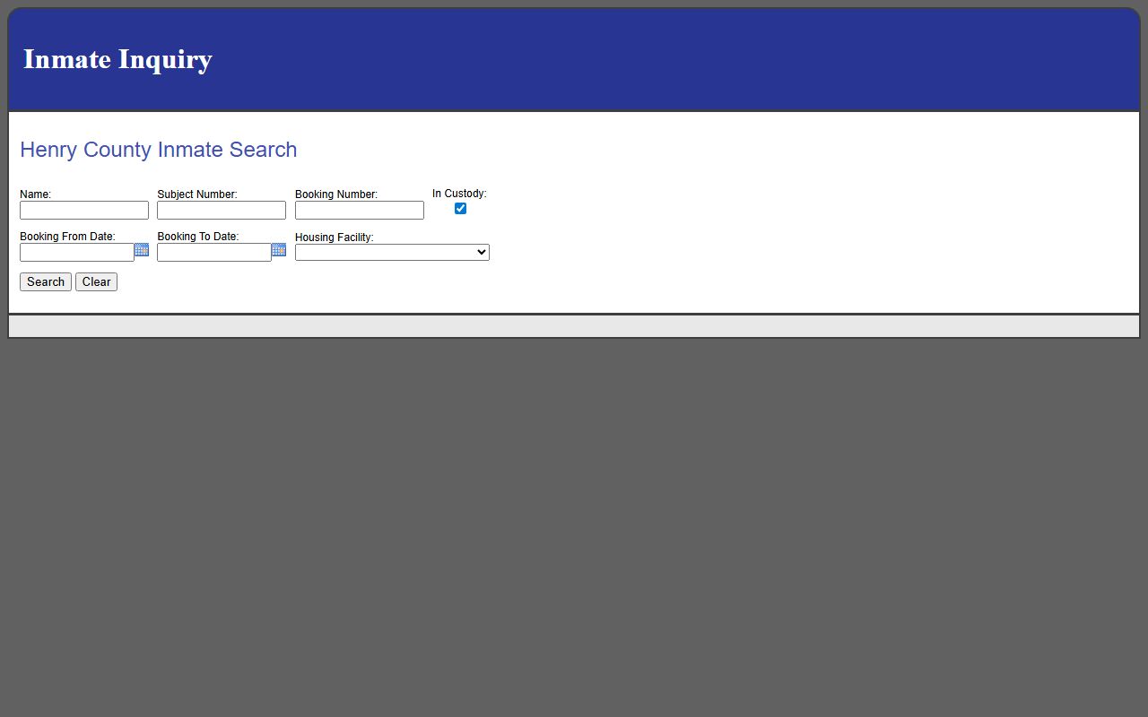 Henry County inmate search portal showing booking records and arrest data