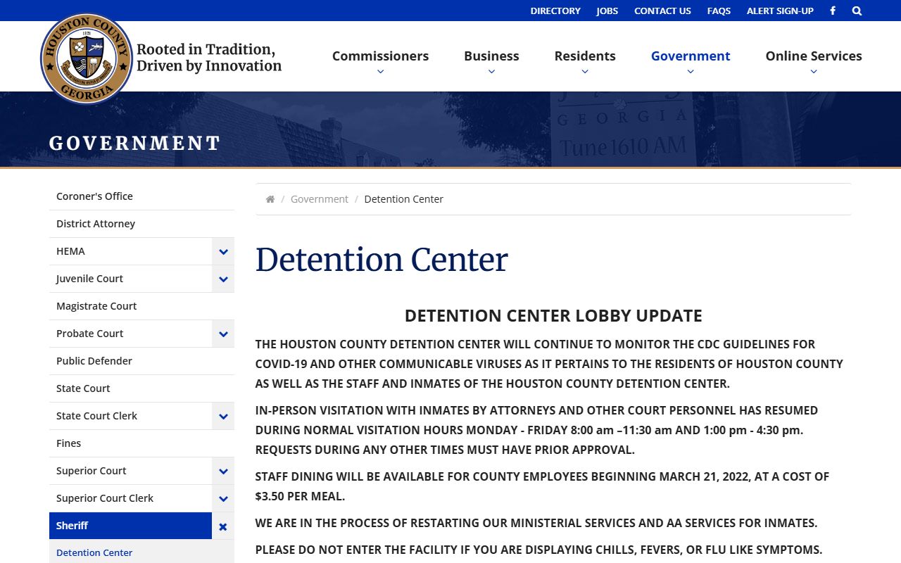 Houston County detention center page showing inmate search access and booking information for the county jail