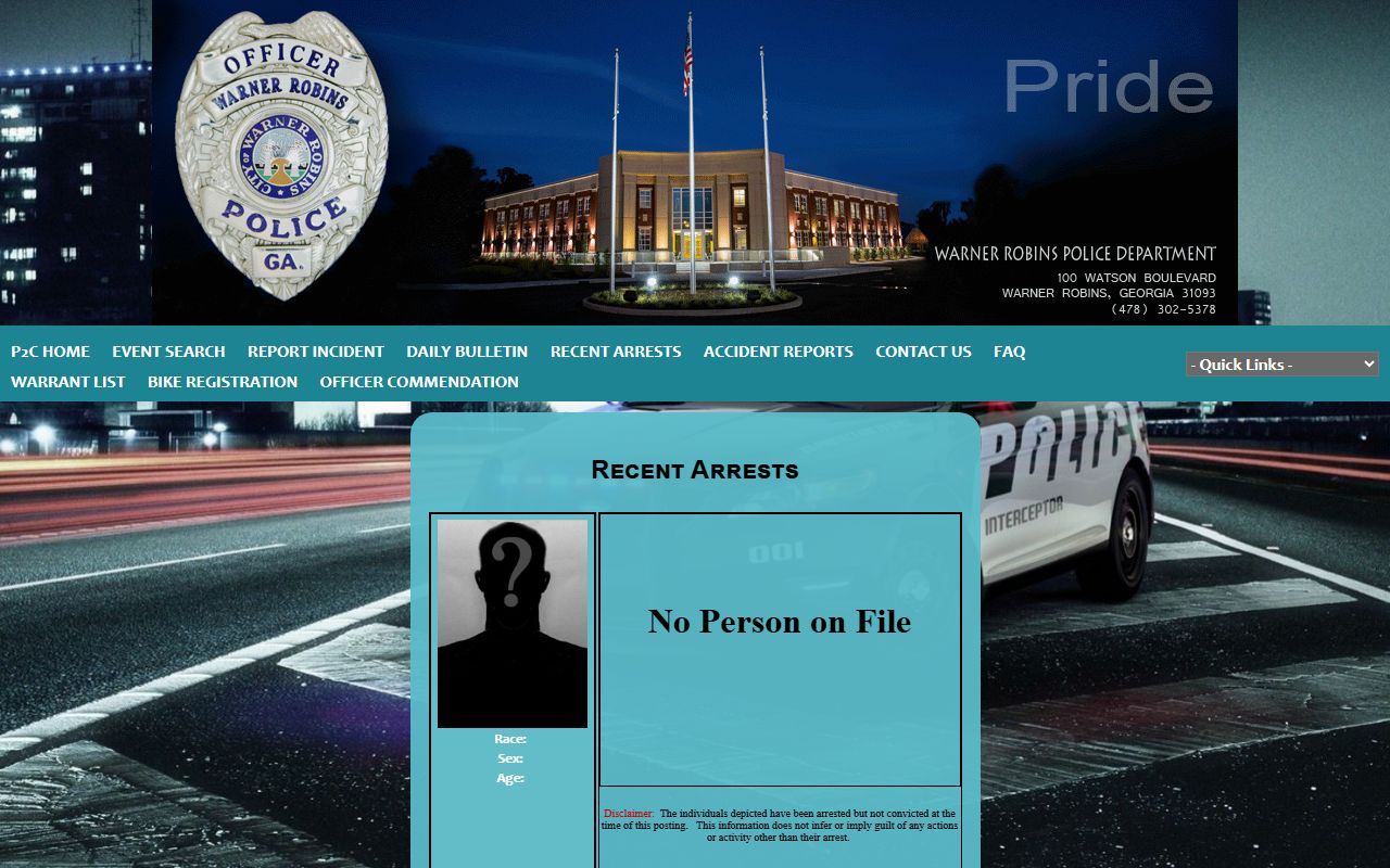 Warner Robins Police Department P2C portal showing recent arrests and Houston County booking records