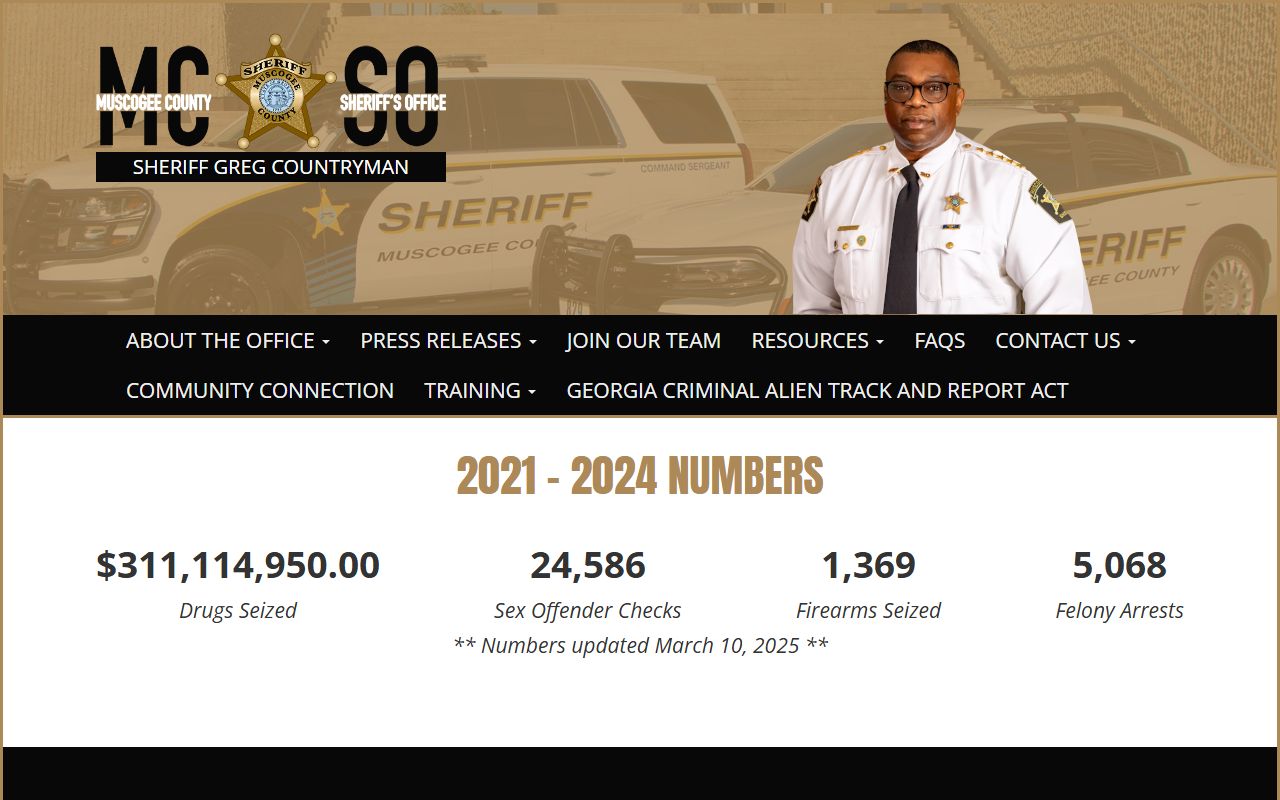 Muscogee County Sheriff's Office homepage with inmate search and arrest records for Columbus, GA