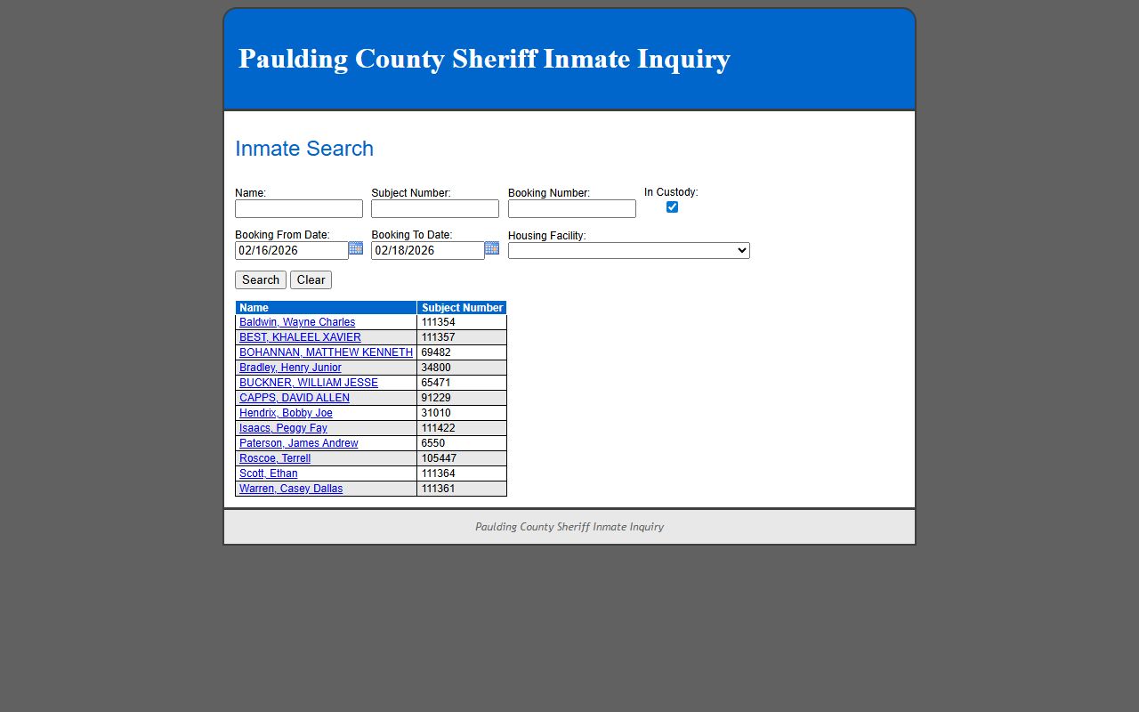 Paulding County inmate inquiry system showing search options for current inmates and recent bookings in Dallas, Georgia