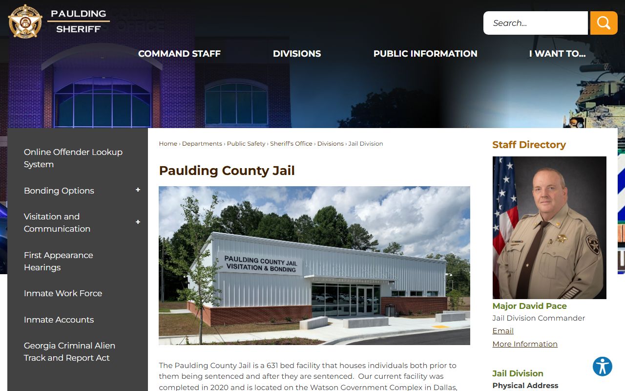Paulding County Jail Division page showing facility information, capacity, and access to inmate records in Dallas, GA