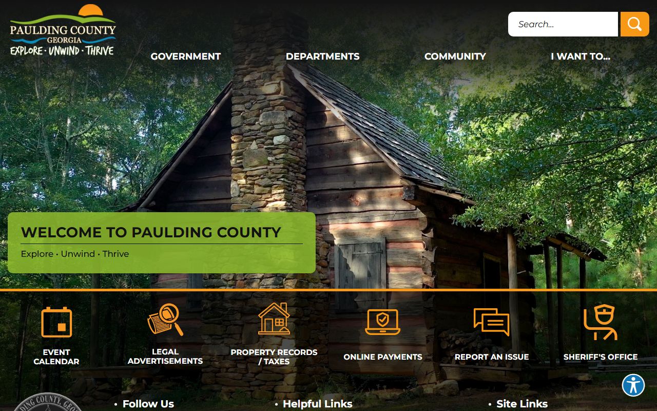 Paulding County government homepage showing sheriff services, inmate lookup links, and public records access in Dallas, GA
