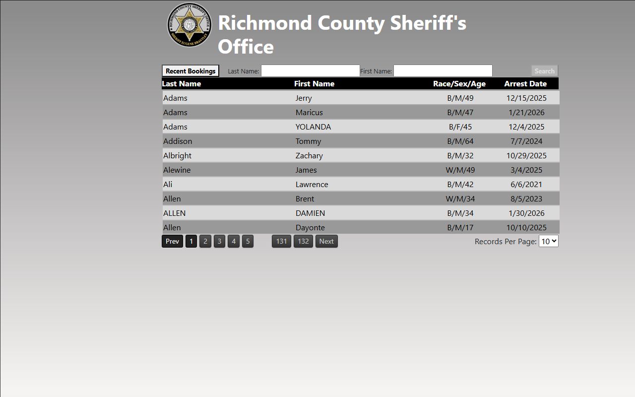 Richmond County inmate inquiry portal showing booking records and arrest data for Augusta, GA