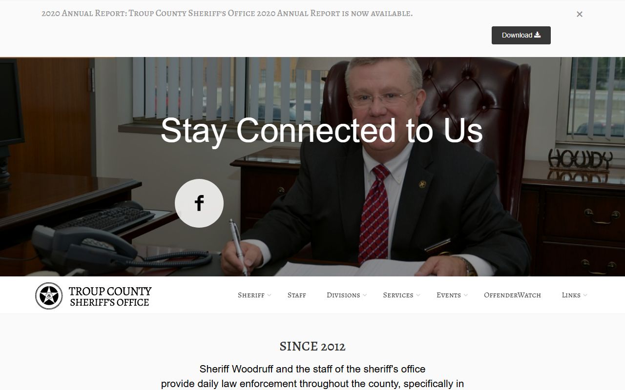 Troup County Sheriff's Office homepage showing links to inmate search, sex offender registry, and public records in LaGrange, Georgia