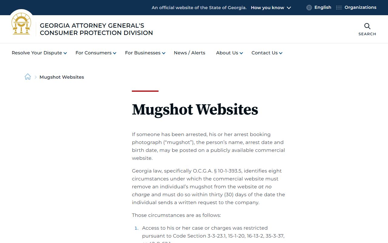 Georgia consumer protection division page on mugshot website removal law