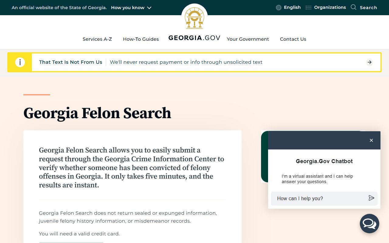 Georgia felon search service information page for criminal records and conviction history