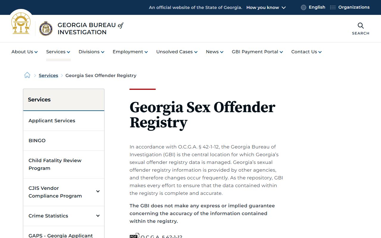 GBI sex offender registry service information page for Georgia mugshot searches