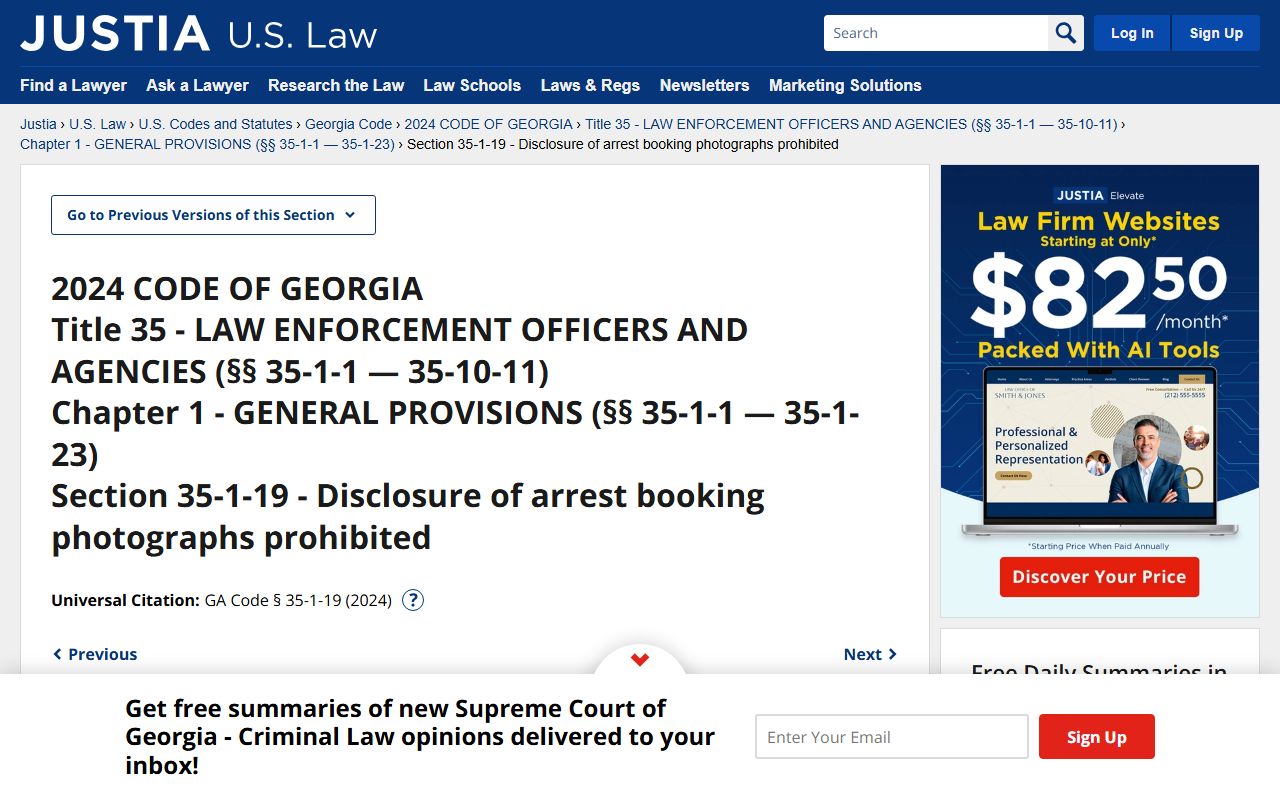 Georgia statute 35-1-19 booking photo law restricting busted mugshots online